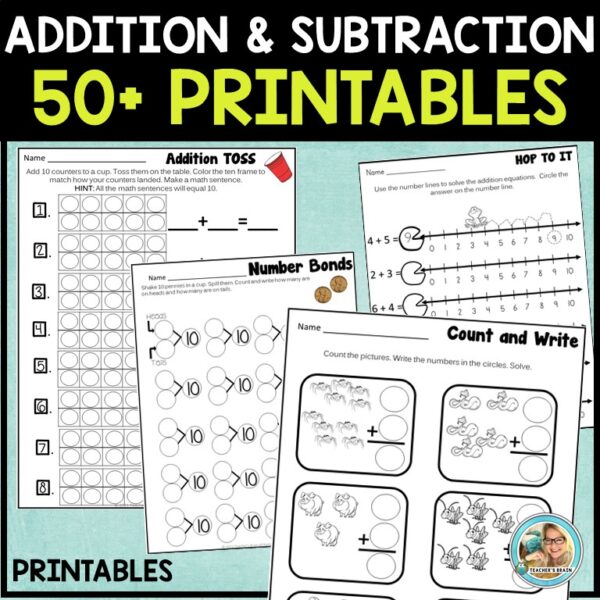 addition and subtraction kindergarten worksheets