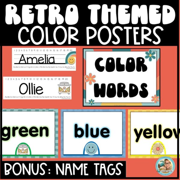 Color Word POSTER RETRO GROOVY Classroom Decor Set | Name Tags