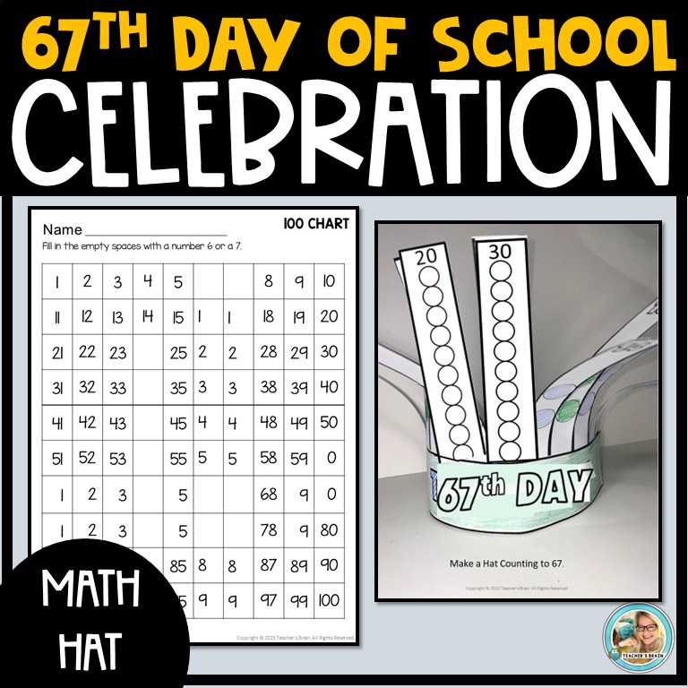 67th Day of School Celebrate Numbers Activites Writing HAT & Crafts - Image 4