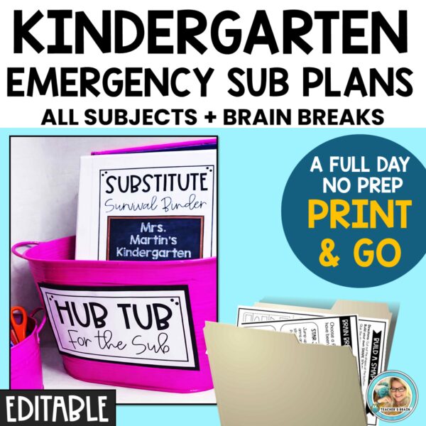 Emergency Sub Plans Kindergarten FULL DAY No Prep Print & Go EDITABLE
