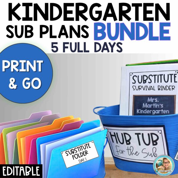 Kindergarten Sub Plans Bundle | 5 Full Day Emergency Plans EDITIABLE Print & Go