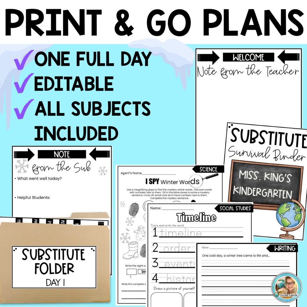 Winter Emergency Sub Plans Kindergarten FULL DAY Print & Go EDITABLE ...