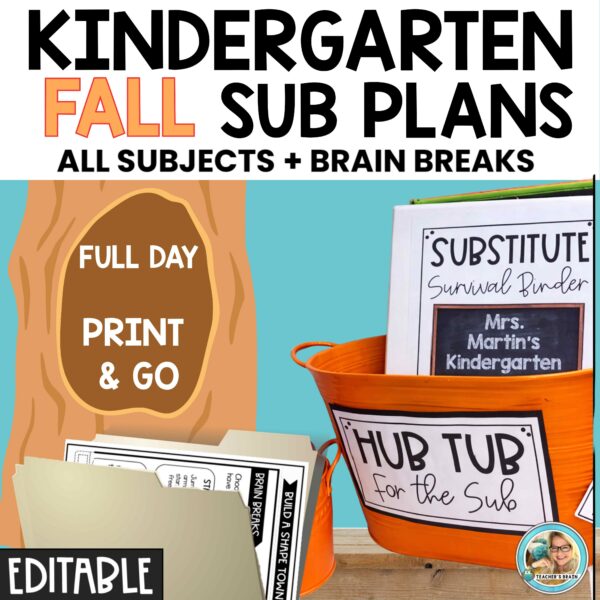 Fall Emergency Sub Plans Kindergarten FULL DAY Print & Go EDITABLE