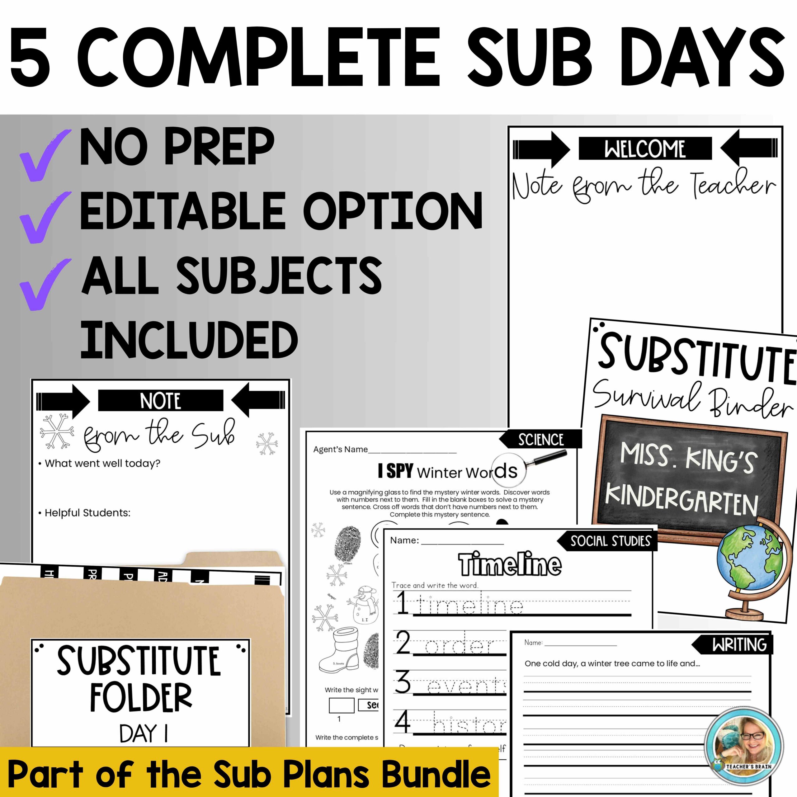 Kindergarten Sub Plans Bundle | 5 Full Day Emergency Plans EDITIABLE Print & Go - Image 3