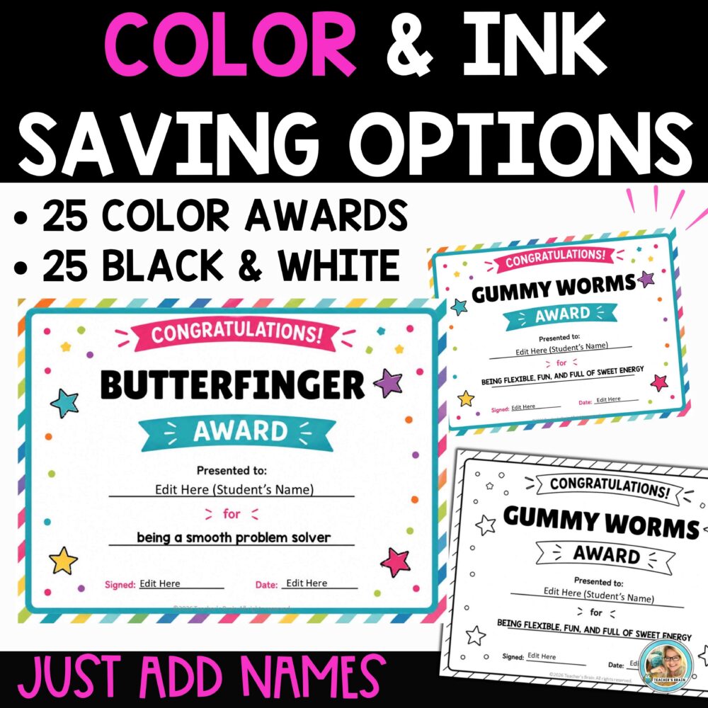 Candy Bar Awards Editable End of Year Certificates | Color and Black ...