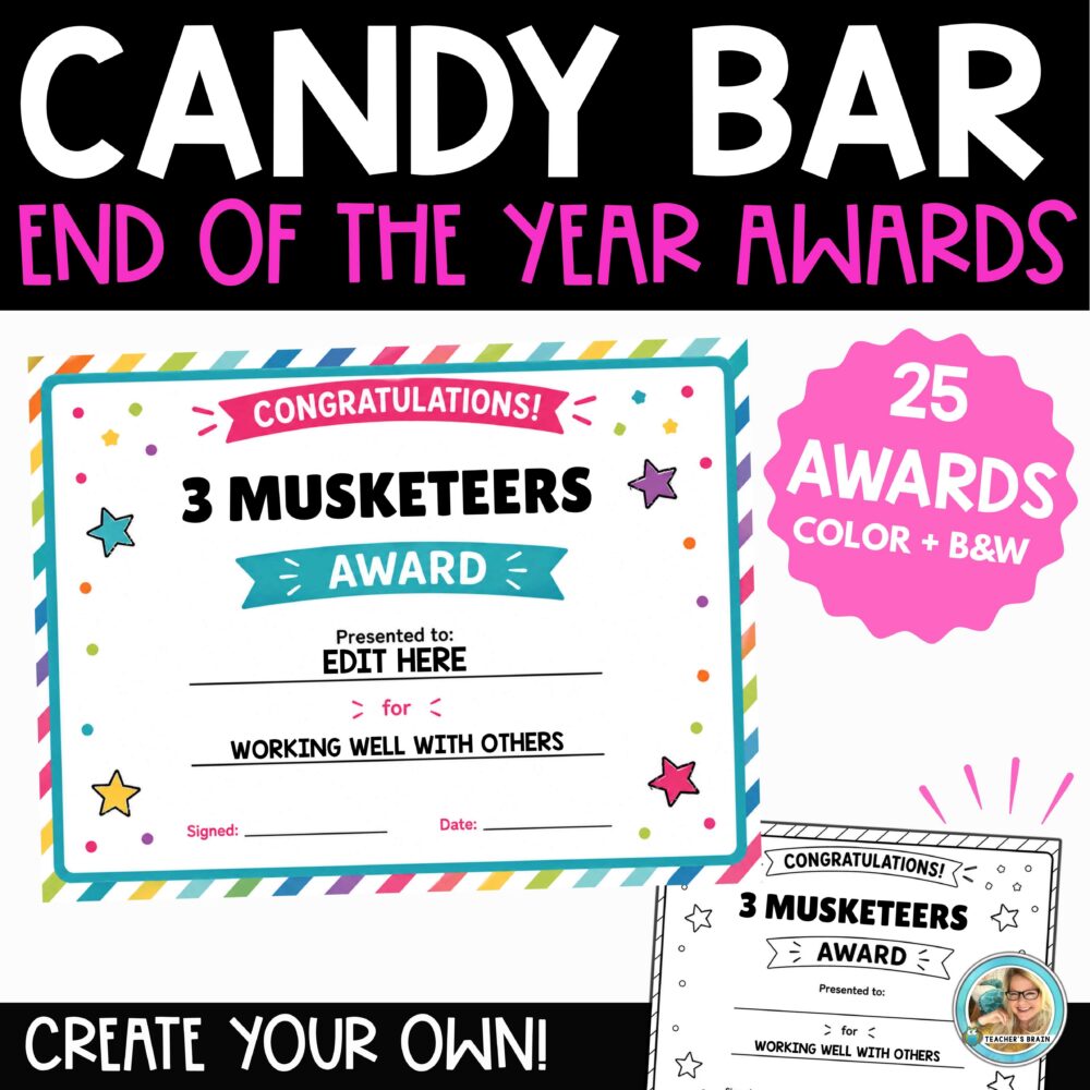 Candy Bar Awards Editable End of Year Certificates | Color and Black ...