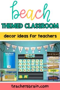 beach themed classroom banner, calendar, and other classroom decor