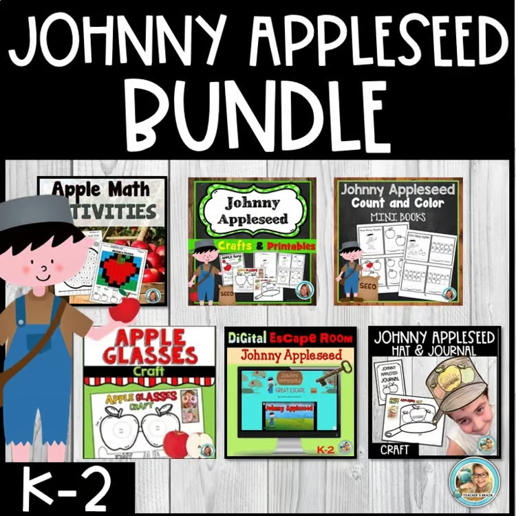 Johnny Appleseed activities bundle with apple crafts, math, writing, reading, science, and art activities for elementary students.