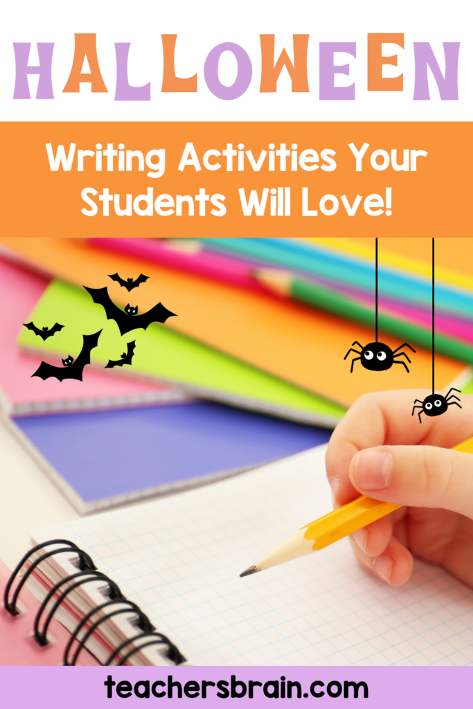 Elementary students completing Halloween writing activities during a haunted house virtual field trip
