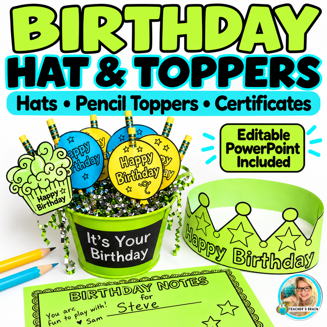 Birthday Hat, Editable Pencil Toppers and Certificates